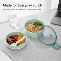Boîte à lunch ronde portable en plastique à 2 étages avec couvercle et cuillère en plastique, micro-ondable et écologique pour adultes et enfants