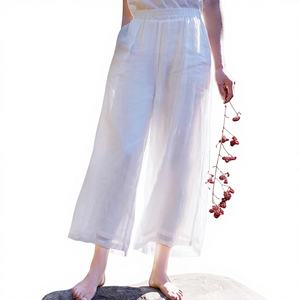 Pantalon vintage <span class=keywords><strong>blanc</strong></span> <span class=keywords><strong>en</strong></span> ramie taille haute élastique coupe large et courte pour <span class=keywords><strong>femme</strong></span> – <span class=keywords><strong>Lin</strong></span> décontracté et ample pour l'été – Marque - Product Image 1