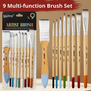 Ensemble de 9 pinceaux à manche en bois pour peinture artistique multifonctionnelle DIY, peinture murale, palette de peinture, craie à l'eau - Product Image 2