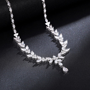 White Gold <b>Necklace</b> Marquise Cut Diamond Flower Design <b>Statement</b> Jewelry For Wedding Women's Luxury Rhodium Plated - Product Image 1