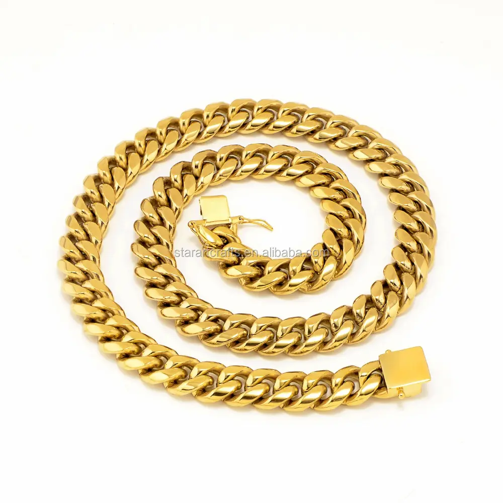 Factory Wholesale Gold Necklace Chain with Party Jewelry 18K PVD 10/12/14 MM Width Stainless Steel Cuban Link