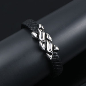 Stainless Steel Woven <b>Leather</b> <b>Bracelet</b> Men's Geometric Design CE539 Gift Jewelry - Product Image 4