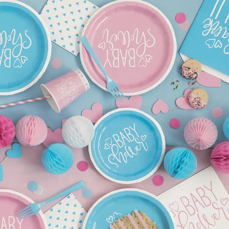 Set di carta rosa blu di moda 2024 di vendita calda decorazione per Baby Shower piatti e tovaglioli decorazioni per bambine o bambine