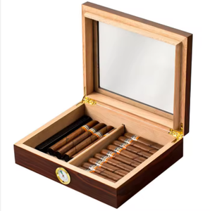 Humidor de bureau en gros - Boîte à cigares en bois noir avec couvercle en verre transparent, hygromètre et humidificateur intégrés, conteneur de stockage de cigares - Product Image 4