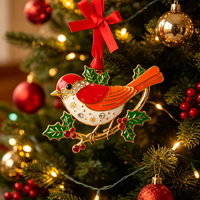 Maßgefertigter Metall-Emaille-Robin-Vogel Weihnachtsanhänger mit Strass und Stechpalmenzweig, Christbaumschmuck zum Aufhängen, Großhandelsdekoration