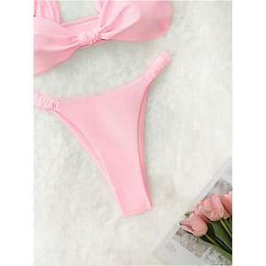 Ensemble bikini deux pièces personnalisé pour femme, maillot de bain bandeau torsadé coupe haute, extensible en Spandex et Polyester, tenue de plage - Product Image 1