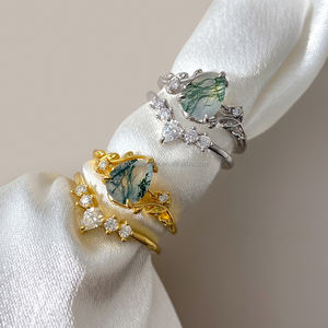 Anillo Apilable de Joyería Fina Clásica y Sencilla Personalizada, Chapado en Oro de 18k con Piedra Preciosa de Ágata Musgosa, Anillos de Compromiso y Boda para Mujer - Product Image 2