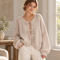 Kardigan Rajut Tebal Wanita Warna Beige OEM Kustom, Sweater Oversize Lengan Panjang Model Lantern dengan Ikat Pita, Kancing Depan Terbuka, Kasual untuk Musim Gugur dan Musim Dingin