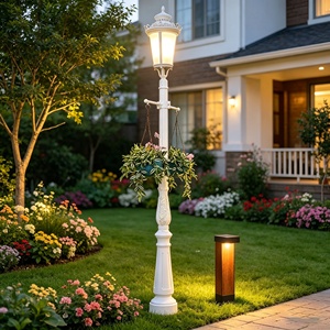 Lampadaires de cour de style européen de luxe avec paniers de fleurs des deux côtés, lampes décoratives de jardin à LED électriques - Product Image 6