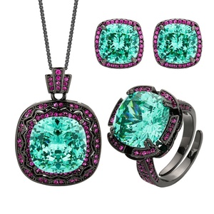 Fashion Eco-friendly Copper 14*14mm Green Zircon Pendant <b>Earrings</b> Ring <b>Set</b> Black Gold Plated Jewellery <b>Sets</b> for Women Bold Style - Product Image 1