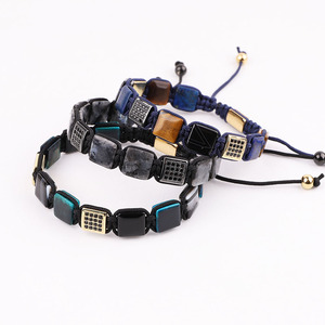 Nuovo Bracciale da <span class=keywords><strong>Uomo</strong></span> alla Moda con Perline Quadrate da 10mm in Occhio di Tigre e Agata, Pietra Naturale Intrecciata con Charm CZ e Logo Personalizzato - Product Image 5