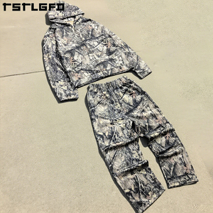 Pull personnalisé surdimensionné écologique 500 Gsm camouflage véritable chasse à l'arbre écran impression numérique français éponge lavage à l'acide ensemble de sweat à capuche zippé - Product Image 2