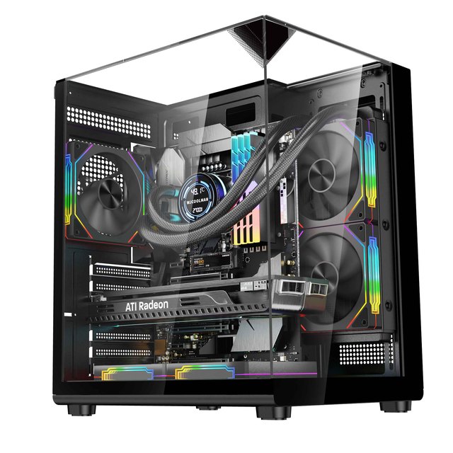 LY Black Steel Gaming PC Case 0.6-0.7mm SPCC Body Triple Tempered Glass Panels 240mm Liquid Cooling 330mm GPU Vertical Mount