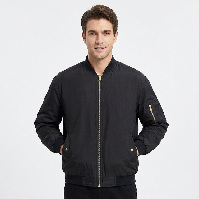 Men's Black Bomber Jacket Solid Color Mandarin Collar Zipper Closure Casual Style Viscose/Polyester Material Regular Fit Winter