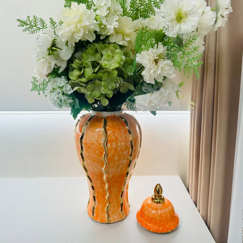 Tarros de jengibre naranja de cerámica y porcelana, tarro de templo chino, florero decorativo para fines decorativos