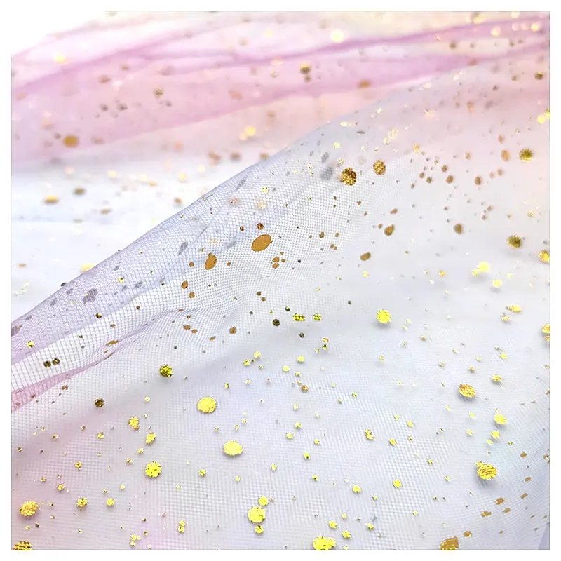 Rainbow gradient polka dot digital foil printed glitter gauze fabric party dress cloth