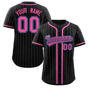Camiseta de Béisbol Auténtica Personalizada con Diseño de Rayas Negro, Rosa y Gris, con Botones Completos - Product Image 1