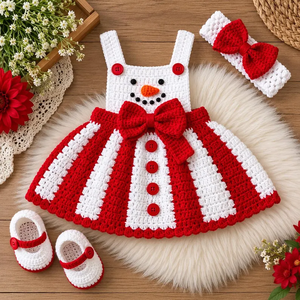 ตุ๊กตาหิมะโครเชต์ทำมือ ถักลายทางแดงขาว พร้อมโบว์ สำหรับเด็ก - Product Image 1