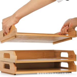 Bamboo Desktop <b>File</b> Tray Stackable Multi Tier <b>Organizer</b> With Double Handles Natural Wood Color Rectangle Standing Type - Product Image 1