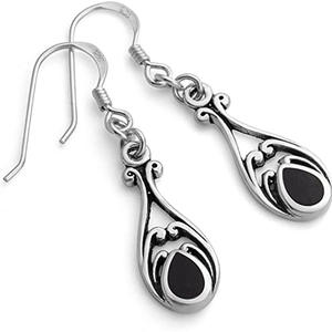 Pendientes colgantes de plata tibetana vintage con bisel de piedra de ónix para mujer, joyería de moda chapada en oro blanco - Product Image 1