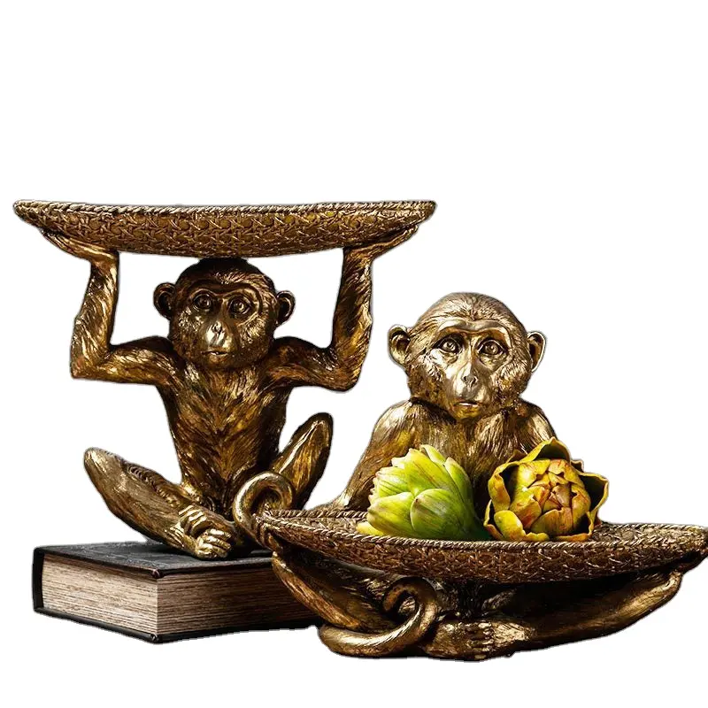 Fancy Resin Bronze Monkey Statue Storage Home Hotel Polyresin Fruit Candy Snack Key Jewelry Holder