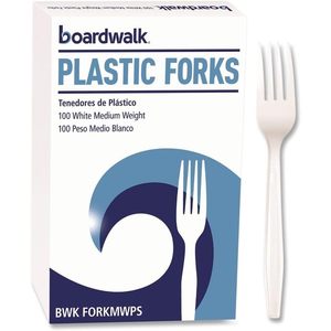 Fourchettes en polystyrène de poids moyen Boardwalk, 100 par boîte, blanches, emballées individuellement, couverts en plastique - Product Image 1
