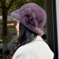 Topi Beanie Bulu Wanita Musim Dingin Dekorasi Bunga 3D dan Pita, Hangat, Berbahan Plush, Model Cuffed, Grosir