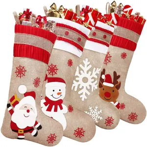 18英寸可爱装饰粗麻布格子刺绣风格家庭节日圣诞派对经典圣诞袜