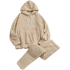 Ensemble sweat à capuche et pantalon unisexe en polaire Sherpa, couleur unie, coupe ample, manches longues, survêtement décontracté d'hiver avec poches et taille élastique - Product Image 1