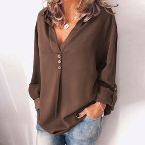 Yeni moda kadınlar bahar sonbahar şifon uzun kollu v yaka kızlar katı düğme artı boyutu gevşek üstleri T-shirt bluz - Product Image 6