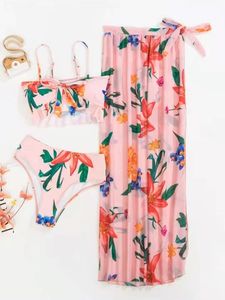 STOCK Custom Print Bandeau Top Bow Knots Front 3Pieces Swimsuit High Waist <strong>Bikini</strong> Beach <strong>Sarong</strong> - Product Image 2