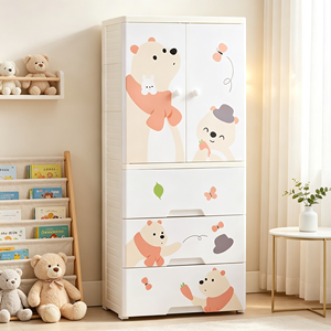 Lemari Penyimpanan Plastik Anak dengan Area Gantung & 3 Laci Organizer Lemari Kamar Anak Motif Beruang Kartun untuk Kamar Tidur Anak Laki-laki dan Perempuan - Product Image 5