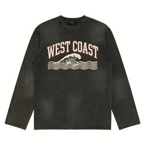 <span class=keywords><strong>T</strong></span>-shirt à manches longues à imprimé rétro coucher de soleil, surdimensionné, vintage, délavé, décontracté pour homme, coupe ample, confortable, en coton - Product Image 2