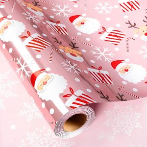 Christmas <b>Wrapping</b> <b>Paper</b> Pink Santa Reindeer Snowflake 17 In X 32.8 Ft Roll Gift Craft Recyclable - Product Image 1