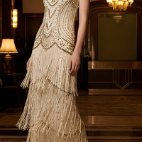Robe longue Charleston Champagne à sequins et franges, style Gatsby Années 20, vintage, vente en gros, OEM, couleur personnalisée, grandes tailles, lot