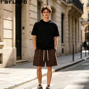 Custom Leopard Print Shorts Heavyweight Cotton Twill Drawstring Waist Streetwear Baggy Bermuda Shorts Wholesale - Product Image 5