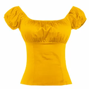 Nieuwe Ontwerp Vrouwen Katoenen Blouse 1990s Vintage Vlakte Geel Off Shoulder Shirt Dames Ruches Sexy Crop Tops
