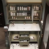 Ensemble de meubles de salle de bain sur pied en bois de caoutchouc de style américain avec lavabo en céramique intégré, miroir, meuble-lavabo, miroir intelligent