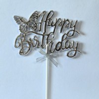 Décoration de gâteau d'anniversaire 3D métallique doré, argenté, rose, bleu, avec papillon ajouré et inscription pour fête d'anniversaire