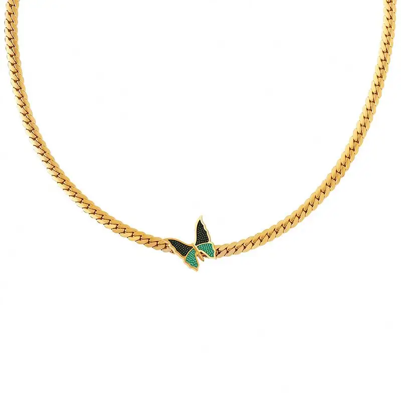 FANJIN y2k özel altın kaplama moda takı uzun bordür zinciri emaye kolye kelebek kolye paslanmaz çelik kadınlar