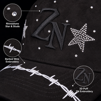 Casquette Snapback Noire Personnalisée en Daim, 6 Panneaux, Broderie Strass Fil Barbelé, Visière Courbée, Réglable, Vente en Gros, OEM, Faible MOQ