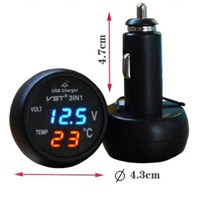 Penguji Voltmeter mobil Digital, termometer Voltmeter Digital 3in 1 tampilan LED biru merah 12/24V 2.1A, pemantik rokok USB pengisi daya mobil