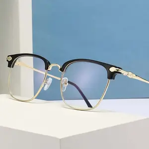 푸른 빛 차단 독서 안경을 하이 퀄리티 남성과 여성을위한 레트로 하프 프레임 금속 패션 독서 안경