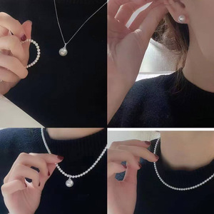 Juego de Joyería de Plata de Ley S925 con Perlas de Agua Dulce, Cadena de Perlas Mini Casi Redondas de 3-4 mm, Aretes de Perlas de 7-8 mm, Colgante de 11-12 mm - Product Image 4