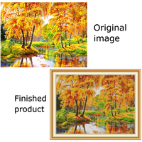 Kit d'artisanat bricolage point de croix broderie toile ensemble arbre rivière automne paysage motif décoration de la maison
