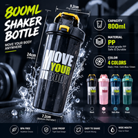 Bouteille shaker protéinée 800 ml sans BPA avec paille, boule mélangeuse, bouchon à clapet, en PP de qualité alimentaire, pour gym et fitness, logo personnalisé, OEM, vente en gros