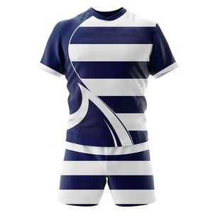 Ensemble d'uniformes de rugby rayés bleu marine et blanc personnalisés, manches courtes, évacuation de l'humidité, impression sublimée, unisexe adulte, toutes saisons - Product Image 3