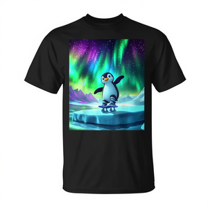Camiseta con diseño de pingüino lindo patinando bajo el cielo de la aurora - Product Image 2