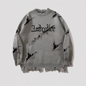 Marque privée hiver <span class=keywords><strong>Vintage</strong></span> bord effiloché hommes 100% coton <span class=keywords><strong>pull</strong></span> décontracté rétro Style américain haute rue <span class=keywords><strong>pull</strong></span> en tricot - Product Image 1