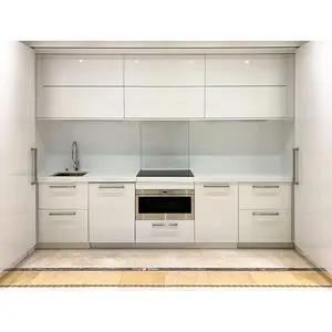 Modular kualitas tinggi desain terpasang furnitur kecil seluruh Set lemari dapur Modern dengan pulau marmer putih mengkilap